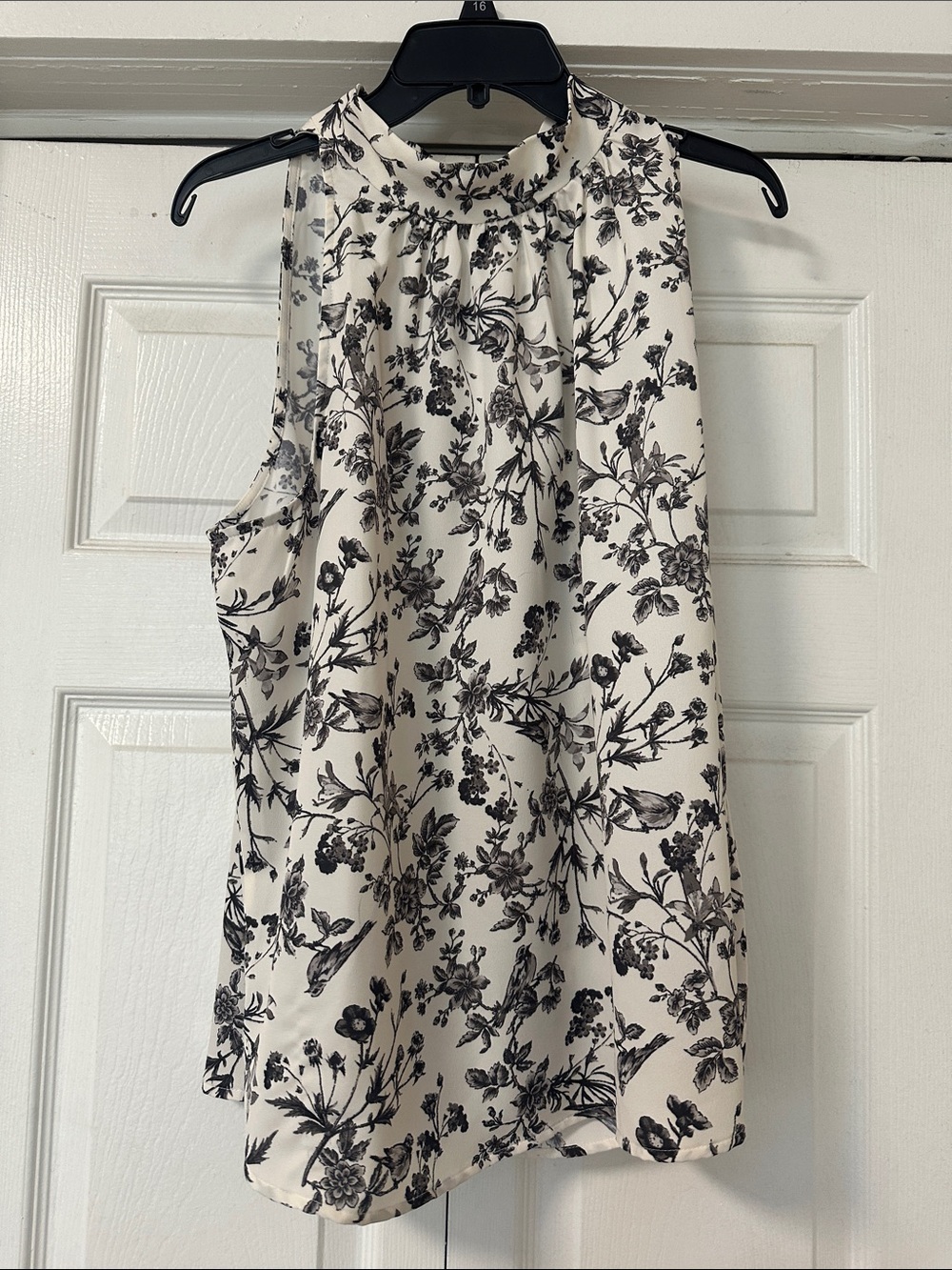 Women's Cream and Black Floral Sleeveless Blouse
